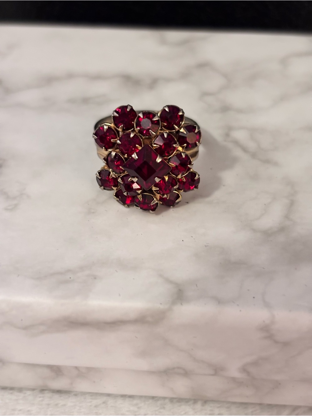 Vintage Ruby Red Rhinestone Adjustable Cocktail Ring Pat Pend
